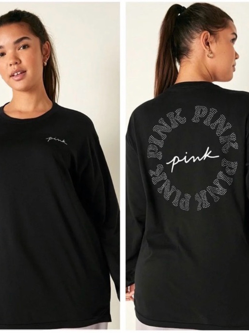 PINK Victoria's Secret Black Long-Sleeve Tee with Studded Back Logo Large